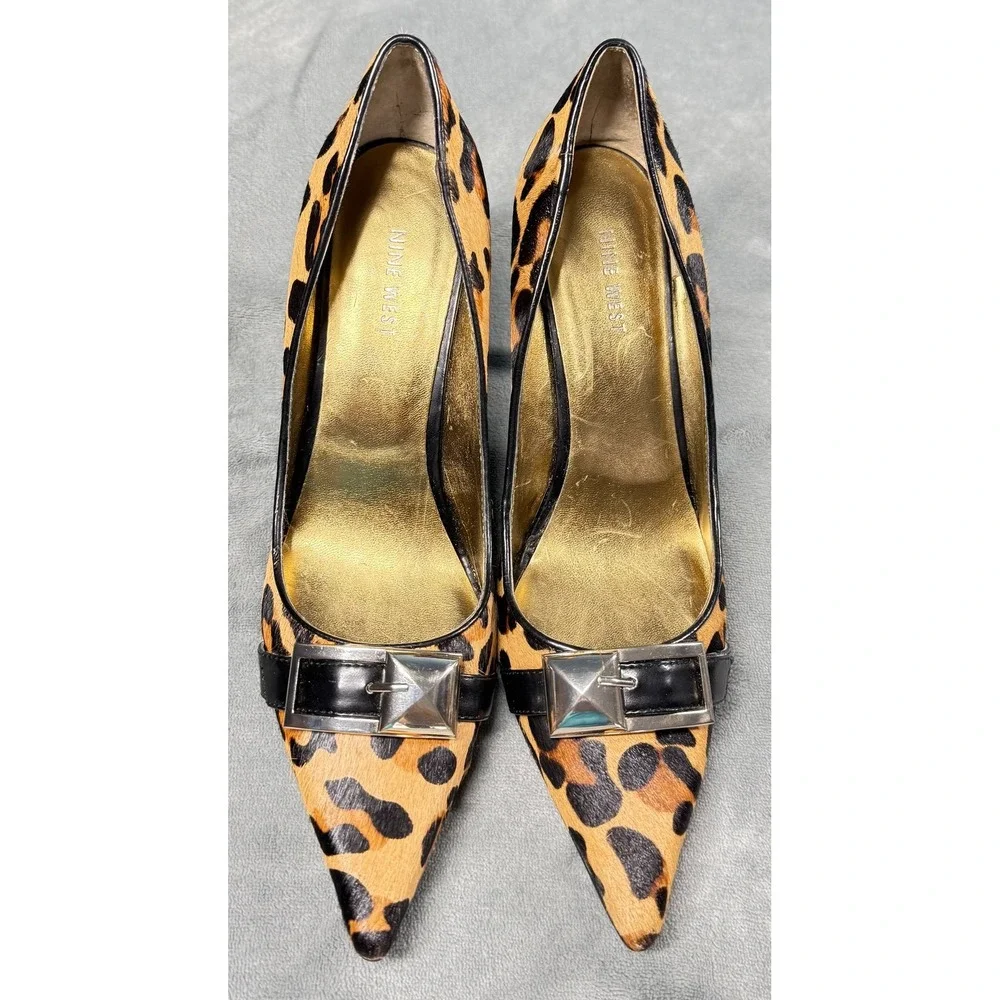 Nine West Heels Womens 10M Leopard Print Calf Hair Pointed Toe Pumps Buckle